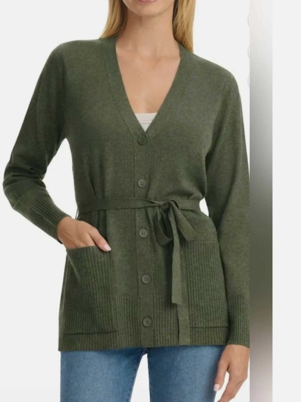 Splendid Women’s Olive Green V-Neck Button Front Cardigan with Tie Belt